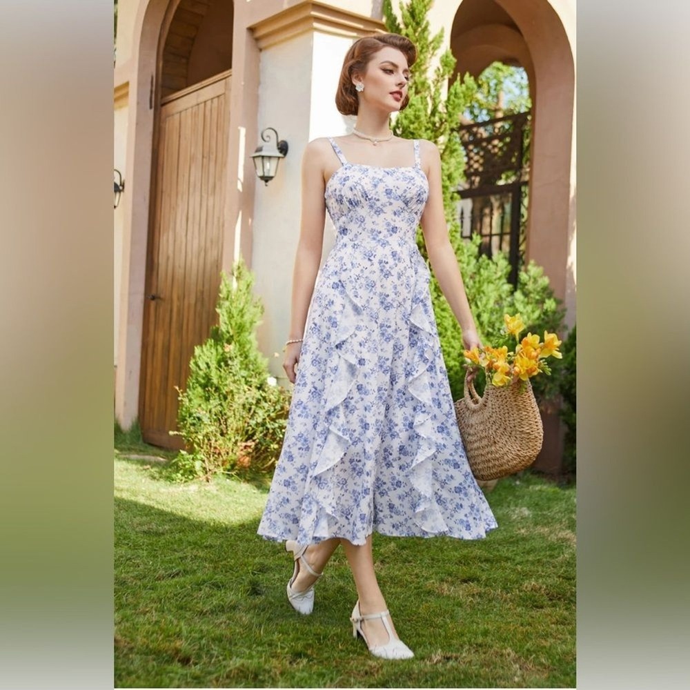 Belle Poque Midi Dress Womens XL Blue White Floral Ruffle‎ Smocked Back NWT - Picture 2 of 11